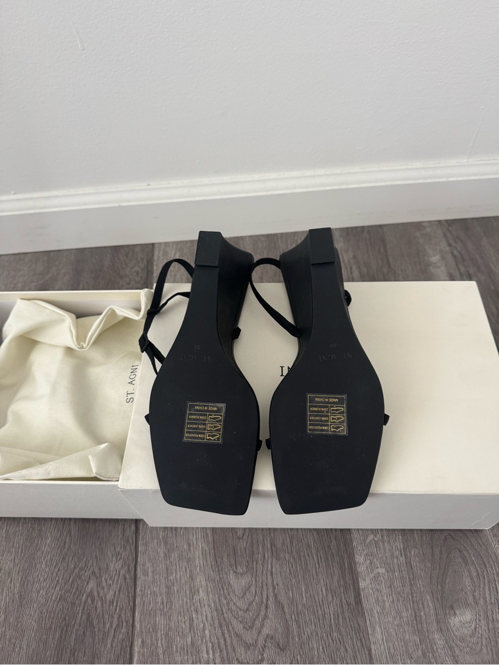 St Agni Strappy Black Square-Toe Slingback Wedge Sandals - Picture 5 of 5